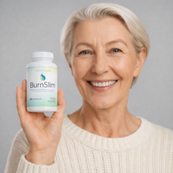 burn slim supplement product held by smiling woman sweater